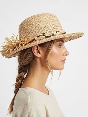 SCALA Woven Natural Fiber Straw Sun Hat Beaded Raffia Bow Resort Vacation Boho